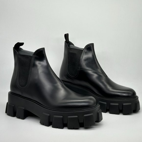PRADA Monolith Brushed Leather Lug Sole Pull On Chelsea Ankle Boots Black - Picture 11 of 15